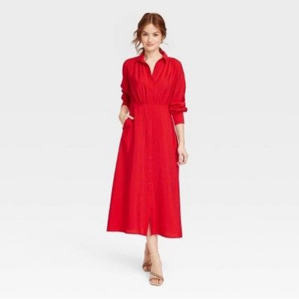 Women's Long Sleeve Collared Midi Crepe Shirtdress - A New Day™ Red XL